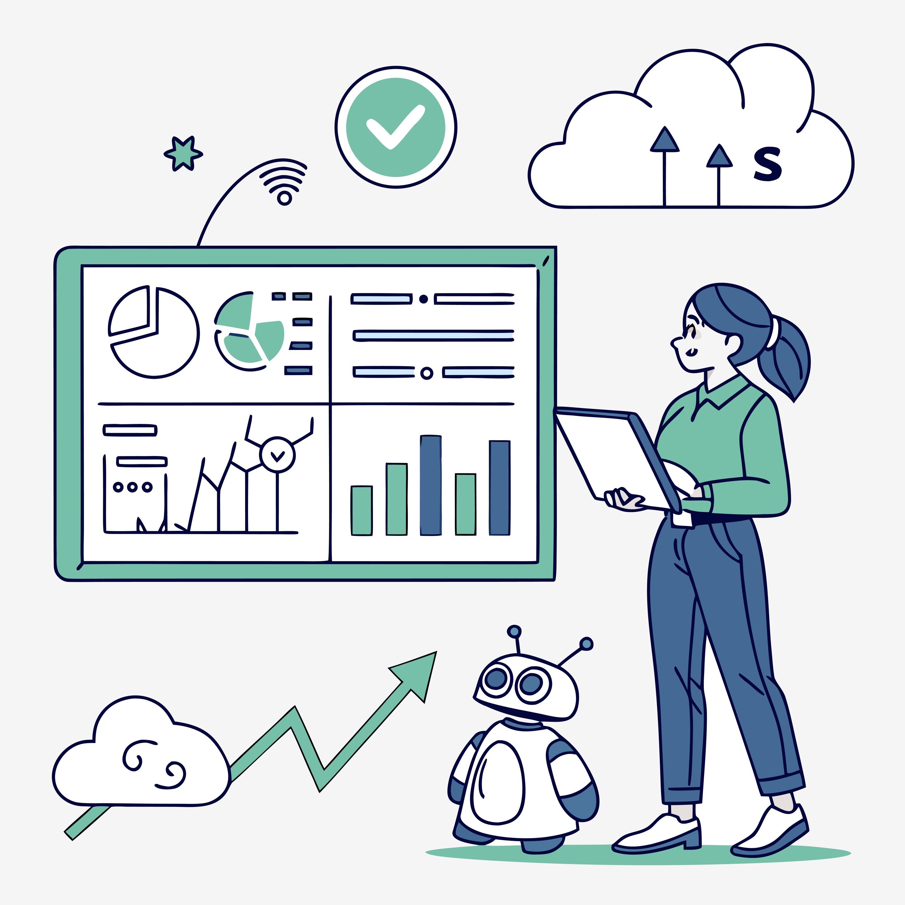 Business automation and AI solutions - woman with laptop and robot assistant